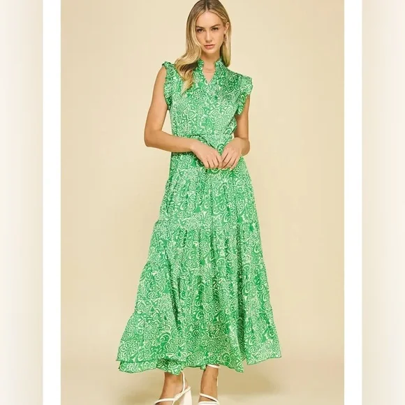 NWOT Pinch Paisley Green White Maxi Dress Flutter Sleeve Tie Waist - Picture 2 of 11